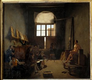 David stúdiójának belseje a College of Four Nationsben 1814-ben (a mai Institut de France). Mathieu Cochereau (1793-1817) festménye alkotó: Leon Mathieu Cochereau