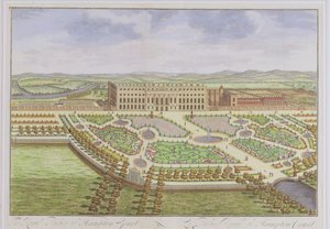 A Hampton Court királyi palota, a „Londoni felmérésből” Johannes Kip (kb. 1652-1722) metszete, 1730 (színes metszet)