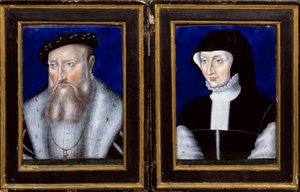 Claude de Lorraine (1496-1550), Guise hercege és Bourbon Vendome Antoinette (1494-1583), feleségének portréja Leonard Limosin (1505-1577) zománcfestménye 1550 kb. Nap. 0,25x0,2 m Ecouen, Musee national de la renaissance