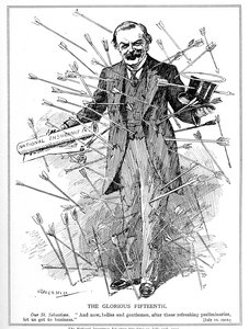 Lloyd George, akit Szent Sebestyén vértanúként ábrázoltak, a nemzeti biztosítási törvénye miatt támadták meg, amely 1912. július 15-én lépett hatályba. Az 1911. évi biztosítási törvény