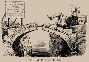 Szakadék a hídban. Karikatúra az USA távollétéről a Népszövetségben, 1919. dec.