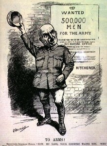 Fegyverbe! Punch toborzó őrmester; "Most, fiúk, a hazának szüksége van rátok. Ki megy a frontra?" A Punch magazinból, CXLVII. kötet, 195. o., kiad. szeptember 2.