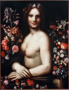 Flora (Flora) nevű fiatal nő mellszobra a virágok között A modell a Mona Lisa (Mona vagy Monna Lisa) festménye lenne Leonardo da Vinci (Leonard de Vinci) (1452-1519) rajza nyomán 17. század Bergamo, accademia Carrara alkotó: Leonardo da (after) Vinci
