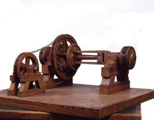 A fogaskerekek és kerekek fából készült modellje (modellje) a milánói Leonardo da Vinci (Leonard de Vinci) (1452-1519) Tudományos és Technológiai Múzeum terve alapján készült.