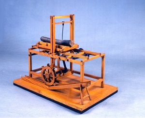Fogaskerekekkel és vízzel működtetett hidraulikus fűrész fa modellje (modellje). Leonardo da Vinci (Leonard de Vinci) (1452-1519) rajza alapján készült. Tudományos és Technológiai Múzeum, Milánó.