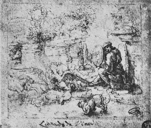 Allegória: Verekedő állatok és egy ember égő üveggel, c1480 1945 alkotó: Leonardo da Vinci