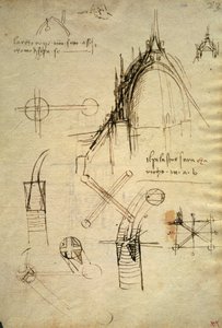 A milánói dóm építészeti részletei és kupolaszelvénye, a Code Trivulzianus f41. alkotó: Leonardo da Vinci