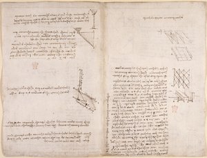 Arundel 263, f.120v, f.121 Megjegyzések és diagramok a mechanikáról, a folyadékok sebességéről, c.1503-6 (toll és tinta papíron) alkotó: Leonardo da Vinci