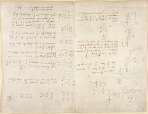 Arundel 263, f.220v, f.221, Jegyzetek; matematikai számítások, „Codex Arundel” (toll és tinta papíron) alkotó: Leonardo da Vinci