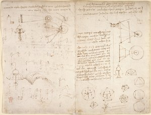 Arundel 263, f.221v, f.220 Jegyzetek, diagramok és vázlatok a Codex Arundel-ből (toll és tinta papíron) alkotó: Leonardo da Vinci
