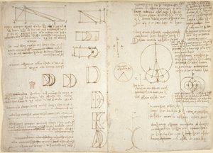 Arundel 263, f.222v, f.219, Rajzok a mechanikai erőkről, ütőhangszerekről, gravitációról, mozgásról, optikáról és csillagászatról, különféle számtani és geometriai javaslatokkal (toll és tinta papíron) alkotó: Leonardo da Vinci