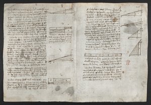 Arundel 263, f.246v Rajzok a mechanikai erőkről, az ütőhangszerekről, a gravitációról, a mozgásról, az optikáról és a csillagászatról, különféle számtani és geometriai kijelentésekkel, illusztráció Leonardo „Figyeletek könyvéből” (tinta papíron) alkotó: Leonardo da Vinci
