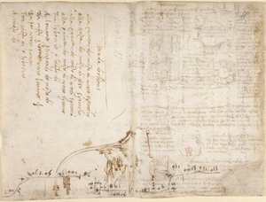 Arundel 263, f.263v, f.270 Feljegyzés és vázlat, amely leírja az „Orléansba vezető út” útvonalát Romorantin városából (Francesco Melzi) (oldalról), a „Codex Arundel”-ből (toll és tinta papíron ) alkotó: Leonardo da Vinci