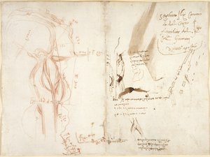 Arundel 263, f.275v, f.274 Az Arno folyó síkbeli vázlata; megjegyzések a távolságokról és az irányokról alkotó: Leonardo da Vinci
