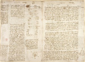 Arundel 263, f.279v f.280, Jegyzetek, matematikai számítások és „prespectiva” című diagram a „maró” piramisokról, mechanikáról (Arkhimédészre hivatkozva), csillagászatról és mechanikáról, 1515 körül (toll és tinta papíron) alkotó: Leonardo da Vinci
