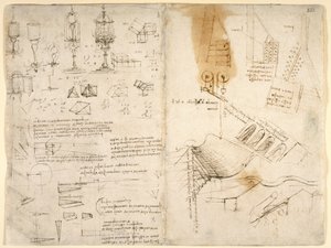 Arundel 263, f.283v, f.282 Csuklós lámpák vázlatai; megjegyzések a mechanikáról; matematikai számítások; geometriai vázlatok (toll és tinta papíron) alkotó: Leonardo da Vinci