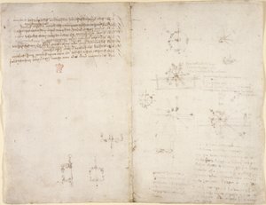 Arundel 263, f.35v, f.34 Rajzok a mechanikai erőkről, ütőhangszerekről, gravitációról, mozgásról, optikáról és csillagászatról, különféle számtani és geometriai tételekkel. alkotó: Leonardo da Vinci