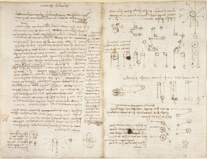 Arundel 263, f.43v, f.42, Megjegyzések és diagramok a mechanikáról, „Del mobile essu motore” címmel a „Codex Arundel”-ből (toll és tinta papíron) alkotó: Leonardo da Vinci