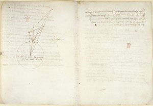 Arundel 263 f.45v, f.58 Optikai diagramok Alhazen problémájára vonatkozó magyarázó megjegyzéssel, a Codex Arundel-ből (toll és tinta papíron) alkotó: Leonardo da Vinci