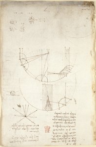 Arundel 263, f.85v Ábrák az optikáról, a reflexiós kausztikával kapcsolatban; jegyzet és vázlat a mechanikáról, az ütőhangszerek erejével kapcsolatban, valamint az „ogni attione facta dalla natura è facta nel più brieve modo” arisztotelészi elvre való hiva alkotó: Leonardo da Vinci