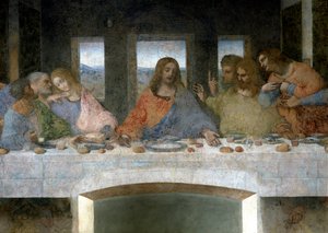 A Cene (Il Cenacolo (Ultima Cena)) részlete, amely a bal oldalon Júdás apósait, Pétert és Jánost, középen Krisztust, valamint Tamás apolokat, őrnagy Jakabot és Fülöpöt ábrázolja. A János és Krisztus közötti V betű a Grál kelyhére vagy th alkotó: Leonardo da Vinci