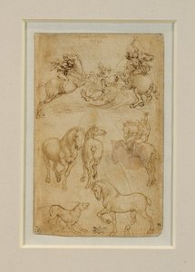 Két lovas harcol egy sárkánnyal; egy lovas és két ló; egy kutya és egy ló ... alkotó: Leonardo da Vinci