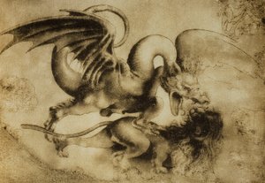 A sárkány megöl egy oroszlánt, Leonardo da Vinci rajza. Rajzok és nyomatok kabinetje, Uffizi Galéria, Firenze alkotó: Leonardo da Vinci