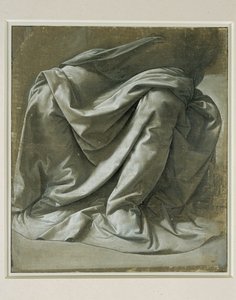 Drapéria egy ülő alakhoz, ecset és szürke tempera, fehér kiemelések szürke vászonra, előkészített vászon ... alkotó: Leonardo da Vinci