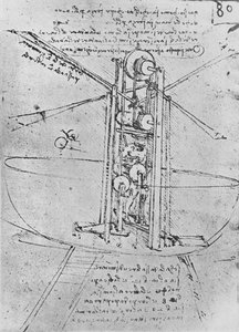 Rajz egy repülő gépről egy emberrel, aki üzemelteti, c1480 1945 alkotó: Leonardo da Vinci