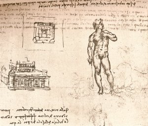 Rajz egy kastély terveiről és egy meztelen figuráról, indiai tintával mosva, c1472-c1519 1883 alkotó: Leonardo da Vinci