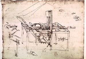 Kivonat egy Da Vinci-kéziratból, amely egy "hidraulikus fűrész elvét és felépítését írja le automatikus továbbítással" (kézirat). alkotó: Leonardo da Vinci