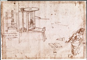 Kivonat egy Da Vinci-kéziratból, amely a nyomtatáshoz használt "présgép" elvét és felépítését írja le (kézirat). alkotó: Leonardo da Vinci