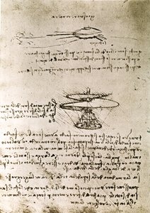 Kivonat egy Da Vinci-kéziratból, amely a "Légi csavar (helikopter)" elvét és felépítését írja le (kézirat). alkotó: Leonardo da Vinci