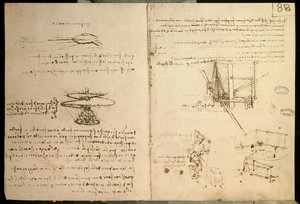 Repülőgépek, az egyik első rajz egy helikopter-szerű repülő gépről, c. 1487 alkotó: Leonardo da Vinci
