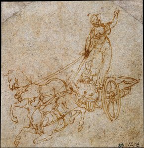 Egy két ló által húzott szekéren álló istennő, amelyből az egyik ló éppen elesik alkotó: Leonardo da Vinci
