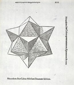 Hexaedron egy levágott, megemelt szilárdtestből, illusztrációja Luca Pacioli (kb. 1445-1517) „Isteni arány” című könyvéből, eredetileg pub. Velence, 1509 alkotó: Leonardo da Vinci