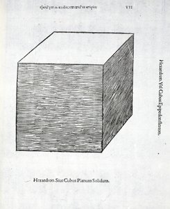 Hexaedron planum solidum, illusztráció Luca Pacioli (1445-1517 körül) "Divina Proportione" című művéből, eredetileg kiadva. Velence, 1509 alkotó: Leonardo da Vinci