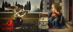 Olaszország Toszkána Firenze, Uffizi Képtár: Angyali üdvözlet, Leonardo da Vinci (1452-1519) festménye, Olaj, fa, kb. 1472-1475, 98x217 cm alkotó: Leonardo da Vinci