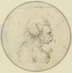 Egy idős nő karikatúrája, mellkép, mellén egy rózsával, jobbra néző profilból alkotó: Leonardo da Vinci