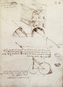 Kézirat B, f 36 r Építészeti tanulmányok, fejlesztések és épületrészletek a magas utcákkal rendelkező városban (toll és tinta papíron) alkotó: Leonardo da Vinci
