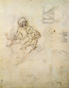 Tanulmányok egy szűznek és gyermeknek, valamint a fejekről a profilban és a gépekben, 1478-80 körül (ceruza és tinta papíron) alkotó: Leonardo da Vinci