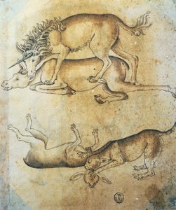 Egyszarvú megtámad egy tehenet és leopárd megtámad egy birkát, tanulmány állatokról, Leonardo da Vinci (1452-1519), rajz alkotó: Leonardo da Vinci