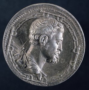 Andrea Doria medalion hátoldala, amely a művészt egy elítélt láncaival körülvéve, háttérben gályával ábrázolja, 1541 körül (ezüst) (előlapon lásd: 122337)