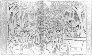 A Belle Epoque korszak színpadi, zeneház- és operasztárjai, autózás a Bois de Boulogne-ban, az Avenue des Acacias-ban, Párizsban, humoros karikatúra a Le Rire Magazinból, 1899 alkotó: Leonetto Cappiello