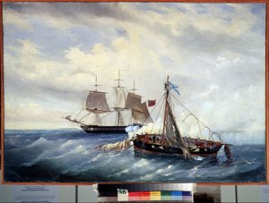 A tengeri csata az Opyt kis orosz hajó és a brit fregatt között a Nargen-szigetnél (Kaszpi-tenger) 1808. július 11-én az angol-orosz (angol-orosz) háború (1807-1812) során. (A tengeri csata az Opyt orosz kishajó és a t alkotó: Leonid Demyanovich Blinov