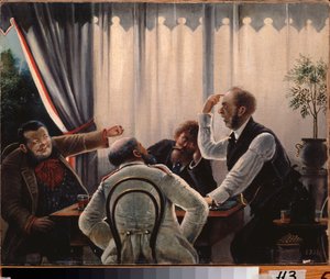 Kártyajáték. (Négy férfi gyűlt össze egy asztal körül játszani, ketten kiabálnak egymásnak, a másik kettő vár). Leonyid Ivanovics Solomatkin (1837-1883) festménye, olaj, vászon. orosz művészet