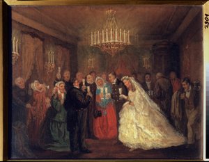Az esküvő. (A násznép poharakat koccint az ifjú házasok körül.) Leonyid Ivanovics Solomatkin (1837-1883) festménye, olaj, vászon
