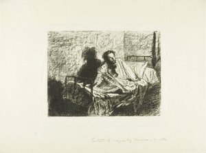 Az ágyban ülő Charles Meryon portréja alkotó: Leopold Flameng