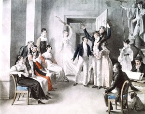 Schubertians zenés találkozója. Schubert a jobb oldali székben ül. Kupelniesen akvarellje