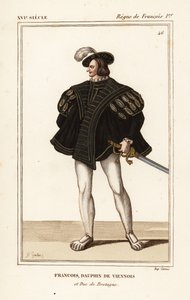 Ferenc, Bretagne hercege 1518-1536. Francois, bécsi delfin és Bretagne hercege. Kézi színű litográfiája J.B. Gautier egy portré után Roger de Gaignieres portfóliójában VIII 14 a Le Bibliophile Jacob aka Paul Lacroix Costumes Historique de című művéből
